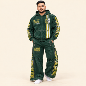 Ensemble de survêtement streetwear vert foncé personnalisé Rexfit Sports 2026 pour homme, avec sweat à capuche zippé à appliques cloutées et sweat-shirt oversize style hip-hop - Product Image 5