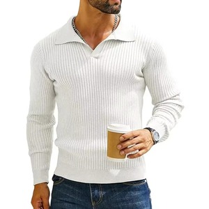 Pull en tricot côtelé blanc pour homme, manches longues, couleur unie, vêtement d'automne, fermeture à un bouton - Product Image 1