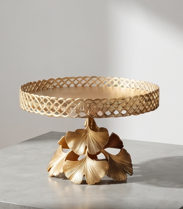 Support à gâteau multifonctionnel en métal doré, plateau de service rond à motif de treillis, piédestal en forme de feuille de Ginkgo, présentoir à pâtisserie pour le thé de l'après-midi - Product Image 3