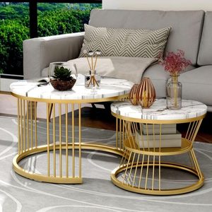 Juego de mesas de centro apilables con acabado de mármol de lujo y estructura de metal dorado | - Product Image 2