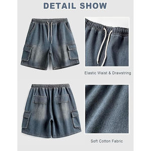 Pantalones Cortos Cargo de Mezclilla para Hombre, Cintura Media, Elásticos, de Lona de Algodón, Estilo Casual, con Bolsillos, Acabado Lavado - Product Image 6