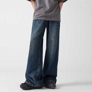 Vaqueros anchos de cintura media para hombre, estilo hip hop, lavado a la piedra, bordados, con botones, desgastados, informales, para invierno, estilo urbano. - Product Image 3