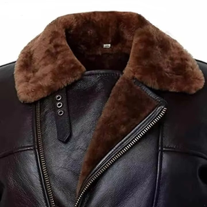 Blouson aviateur en cuir véritable pour homme, doublé en peau de mouton, coupe-vent, manteau d'hiver, style motard, fermeture éclair - Product Image 6