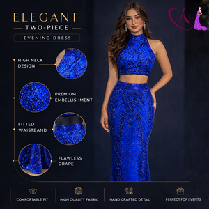 Conjunto de Vestido de Noche Azul Rey de Lujo con Cuentas Hechas a Mano para Mujer |   Elegante Top Corto sin Mangas con Cuello Halter y Vestido Largo para Fiesta o Boda - Product Image 5