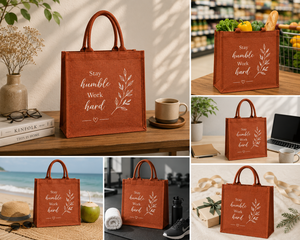 Jute Tote <b>Bag</b> Stay Humble <b>Work</b> Hard Print Orange Medium Size Daily Shopping <b>Bag</b> with Handle - Product Image 4