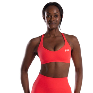 Sujetador deportivo rojo coral para mujer con logo personalizado, cuello en V, sin costuras, top corto para entrenamiento, conjunto de gimnasio, ropa deportiva al por mayor - Product Image 1