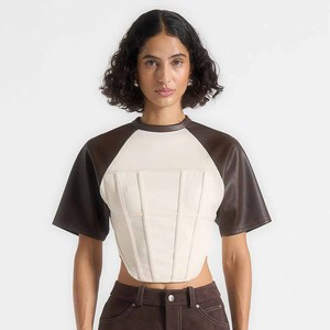Women's PU Color Blocked Crop <b>Top</b> <b>Raglan</b> Sleeve Crew Neck Slim Fit Minimalist Style Short Sleeve Woven Fabric Breathable - Product Image 2