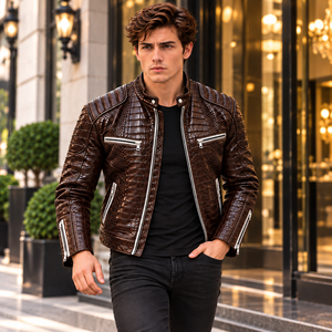 <b>Mens</b> Dark <b>Brown</b> for Embossed Genuine <b>Leather</b> Breathable Winter Biker Motorcycle <b>Jacket</b> Luxury Custom OEM Wholesale - Product Image 1
