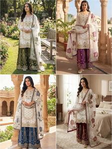 Costume vintage d'automne en soie GMY pure tricotée, brodée et ornée de sequins, coupe ajustée, taille naturelle, pour fête Diwali - Product Image 2