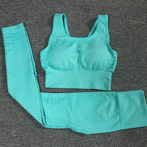 <b>Women</b> Yoga Set Racerback Sports Bra High Waist Leggings Solid Color Ribbed <b>Mesh</b> Breathable Seamless 2 Piece Set - Product Image 5
