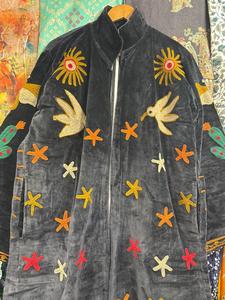 Black Embroidered Velvet Kimono Coat Handcrafted Long <b>Duster</b> Jacket Boho Statement Outerwear Festival Wear Summer 100% Cotton - Product Image 3