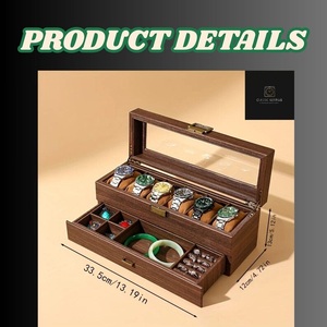 Boîte à montres rustique en bois de noyer, organisateur à 2 niveaux, coffre à bijoux pour homme, grand tiroir à 6 emplacements, présentoir de montres de table suspendu - Product Image 6