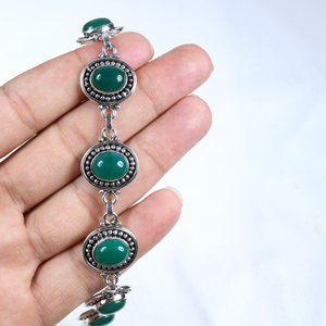 Bracelet à maillons avec fermoir à bascule en argent sterling plaqué, pierre ovale en onyx vert, style bohème ethnique, pour femmes, vente en gros - Product Image 4