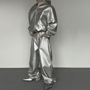 Unisex Silver Metallic Tracksuit Set Full <b>Zip</b> <b>Hooded</b> Loose Fit Streetwear Pants With Side Pockets Autumn Wear - Product Image 6