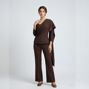 Elegante Conjunto de Pantalones y Corsé de Satén Marrón con Cuello en V para Mujer, Moderno, Bordado, de Pierna Ancha, Dos Piezas, Ropa Formal de Noche, Hecho a Medida - Product Image 6