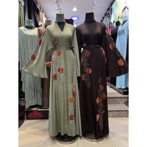 High Quality Modest Dubai Beaded Sequined Long Sleeve Abaya Muslim Traditional Handmade Wedding Women Polyester Breathable VNeck - Product Image 1