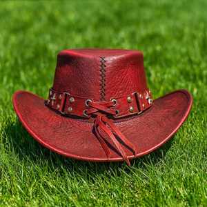 Premium Quality Custom Handmade Red Leather Star <b>Hat</b> With Studded <b>Band</b> For Festival Cosplay Wear - Product Image 5