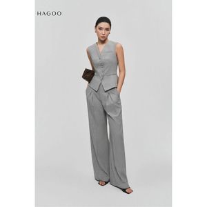 Pantalon large taille mi-haute en polyester respirant pour femme Q9041, gris - Product Image 1