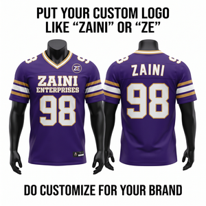Camiseta de Fútbol de Poliéster Interlock Premium de 260 GSM, Paneles de Manga Morados y Dorados, Logotipo Personalizado por Sublimación, Uniforme - Product Image 1