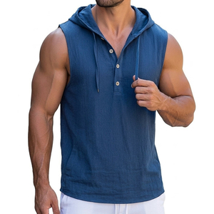 Custom made Men's Athletic Fit Sleeveless Hooded <b>T</b>-Shirts Henley Placket Workout Muscle Tank Top Active Wear Wholesale Tank Top - Product Image 1