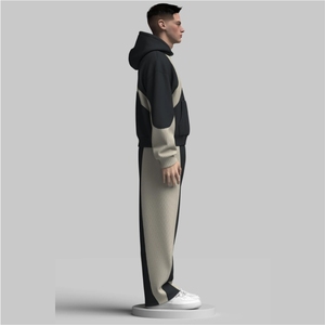 Survêtement en molleton de coton noir avec panneau beige uni pour homme - Product Image 3