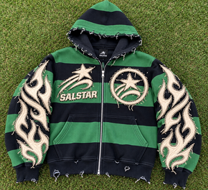 Sweat à capuche zippé Salstar pour homme, vert et noir rayé, style streetwear, motif flamme, personnalisation du logo de marque disponible - Product Image 6
