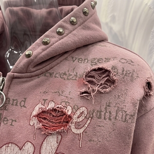 Snowgrace <b>Pink</b> Hooded Zip-Up Sweatshirt <b>Glitter</b> Print Rhinestone Cuffs Unisex Streetwear Regular Fit Winter Wear - Product Image 6