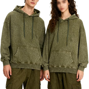 Sudadera con capucha de forro polar para hombre, estilo vintage, verde oliva, de gran tamaño, con efecto desgastado. - Product Image 2