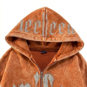 Sweat à capuche oversize pour homme, style streetwear, délavé à l'acide, imprimé lettres, broderie chenille, couleur foncée - Product Image 6
