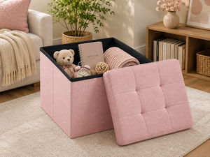 Pouf de rangement moderne pliable en tissu rose avec couvercle capitonné pour salon, mobilier de maison, appartement et hôtel - Product Image 5