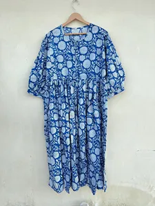 Women's Blue Floral Hand Block Print Tie-Neck Cotton Midi <b>Dress</b> With Puff Sleeves <b>Loose</b> Fit Summer Casual <b>Dress</b> - Product Image 1