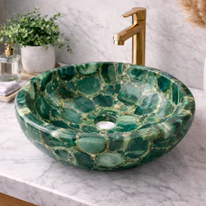 Vasque de salle de bain ronde en agate verte de luxe, lavabo sur comptoir, bol en marbre fait main - Product Image 1