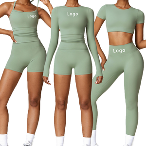 Ensemble de yoga 2 pièces vert sauge pour femme, short taille haute, crop top à manches longues, couleur unie, respirant, sans couture, vêtements de sport - Product Image 1
