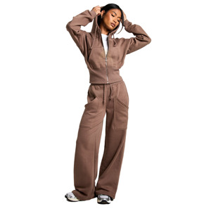 <b>Women</b> 2 Piece <b>Brown</b> Sporty <b>Tracksuit</b> Set Cropped Jacket Wide Leg Pants High Waist Loose Fit All Seasons Casual Wear Outfit - Product Image 1