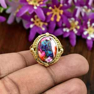 Kingman Pink Dahlia <b>Turquoise</b> Engagement <b>Rings</b> Women 925 Sterling Silver 18K <b>Gold</b> Vermeil Handmade Jewelry Bezel Setting - Product Image 2