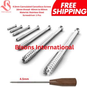 สกรูสแตนเลสแบบมีรูตรงกลางขนาด 4.5 มม. ยี่ห้อไบซอนส์ อินเตอร์เนชั่นแนล เกลียว 16 มม. ความยาว 4090 มม. พร้อมไขควงผ่าตัดสำหรับศัลยกรรมกระดูก - Product Image 1
