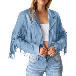 Chaqueta Corta Vintage Estilo Boho para Mujer, Color Azul Cielo, Gamuza con Flecos y Borlas, Manga Larga, Frente Abierto, Solapa, Transpirable, Acabado en Viscosa - Product Image 3