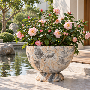 Macetero de pedestal de fibra de vidrio personalizado con superficie de aspecto mármol, maceta decorativa premium para diseño de patio y jardín. - Product Image 6
