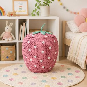 Cute Strawberry Shaped Water Hyacinth Basket Handmade Storage <b>Bin</b> with Cover for Toys Laundry and Nursery Decor - Product Image 6