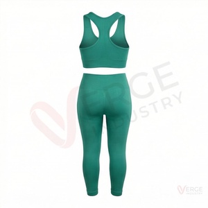 <b>Women</b> Seamless <b>Green</b> Yoga Set 2 Piece Scoop Neck Racerback Crop Top High Waist Calf Length <b>Leggings</b> - Product Image 2