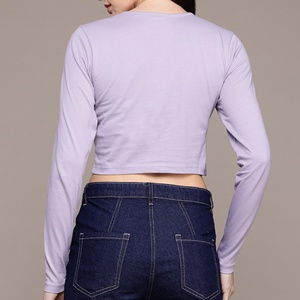 เสื้อครอปแขนยาวสีลาเวนเดอร์สำหรับผู้หญิง พิมพ์ลายภูเขา คอกลม ผ้าถักลำลอง 100% ผ้าฝ้าย แขนยาว ทรงพอดีตัว - Product Image 2