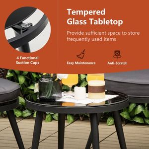 Conjunto de Bistro de Ratán para Patio de 3 Piezas con 2 Cojines y Mesa con Superficie de Vidrio Templado, Muebles de Jardín - Product Image 5
