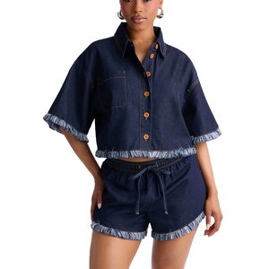 Women Solid Short <b>Denim</b> Top High Waist <b>Stretch</b> Ripped Frayed Hem Button Zipper Eco-Friendly Waterproof Summer Washed Custom - Product Image 6
