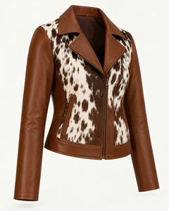 Chaqueta de Motociclista de Cuero Genuino Marrón para Mujer, Talla Grande, con Pelo de Vaca y Estampado Animal - Product Image 2