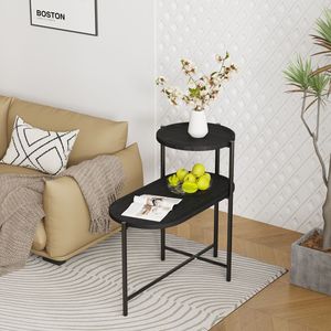 Black Wooden 2-Tier Oval End <b>Tables</b> <b>with</b> <b>Storage</b> Tray <b>Round</b> Coffee <b>Table</b> and Small <b>Side</b> <b>Table</b> for Living Room Console <b>Tables</b> - Product Image 3