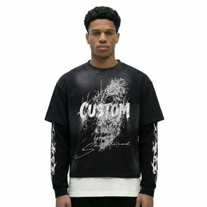 Sudadera de algodón extragrande de manga larga para hombre, estilo urbano, cuello redondo, tejida en negro con estampado de letras y diseño de llamas en las mangas - Product Image 3
