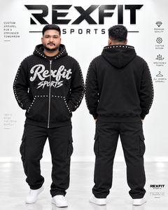 GRAY FOUR SPORTS Custom Men's <b>Black</b> <b>Zip</b> <b>Hoodie</b> Chenille Rhinestone Embroidery Oversized Heavyweight Fleece Streetwear Sweatshirt - Product Image 1