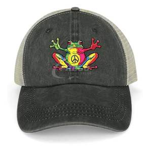Casquette de baseball en denim imprimée grenouilles multicolore, réglable, en coton, avec visière de sport, très demandée - Product Image 1