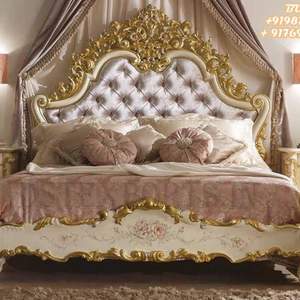 Lit Queen Size au design classique Baroque avec table de chevet, acheter un ensemble de chambre à coucher blanc et or, mobilier de chambre à coucher royal victorien New York - Product Image 5