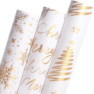 Carta da Regalo Natalizia Bianca e Oro, Mini Rotolo 17 Pollici X 10 con Motivo a Fiocchi di Neve e Alberi, Glitterata, per Forniture Festive Natalizie - Product Image 1